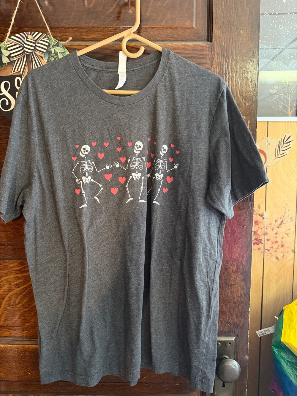 Charcoal Skeleton Dance Tee with Red Hearts XL